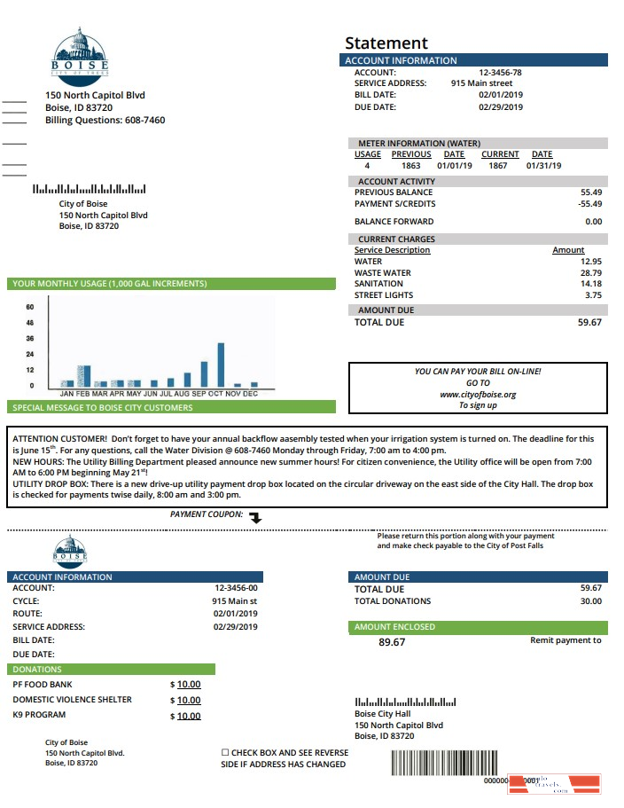 USA Idaho Boise City of Trees water utility bill template in Word and PDF format
